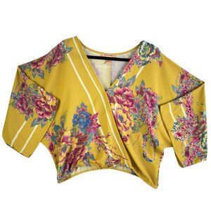 Flying Tomato Mustard Floral Kimono Crop Wrap Top L – Boho, 3/4 Dolman Sleeves